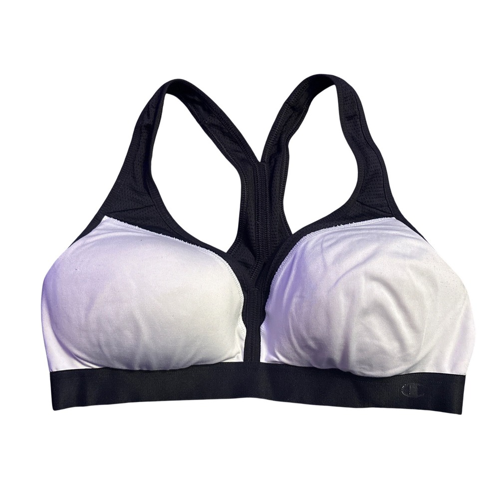Champion Women's White and Black Front Zip Racerback Sports Bra, Large